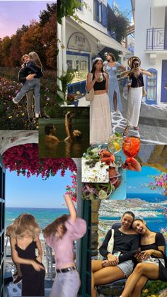 a collage of photos with people and flowers in the foreground, one woman holding a child