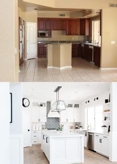 two pictures of a kitchen and living room in one photo, the other has an open floor plan