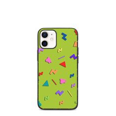 an iphone case with colorful confetti and shapes on the back in lime green