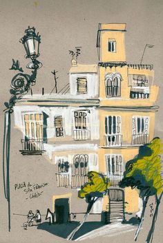 a drawing of a yellow building with balconies