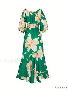 Lasaky - Womens Elegant Boho Floral Print Flared Long Dress with Lantern Long Sleeves and Tie Waist, Perfect for Summer Flare Long Dress, Leisure Fashion, Friend Outfits, Maxi Dress Green, Daily Dress, Fashion Seasons, Boho Floral, Long Sleeve Maxi Dress, Belted Dress