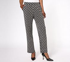 These smart ankle pants are designed with an allover print -- adding some pizazz to your polished look. From Susan Graver. Smart Ankle Pants, Susan Graver, Ankle Pants, Polished Look, Sofia, Straight Leg, Knitting, Pants, Design