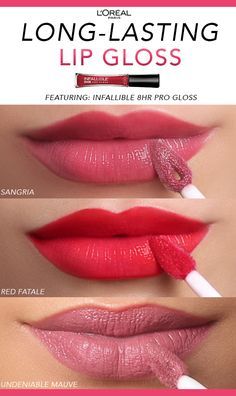 Get your shine-fix with L'Orèal Paris Infallible 8HR Pro Gloss in Sangria, Red Fatale, Undeniable Mauve and more! Loreal Lipstick, Sangria Red, Long Lasting Lip Gloss, Hydrating Lip Gloss, Lip Gloss Colors, Makeup Aesthetic, Makeup Eyes