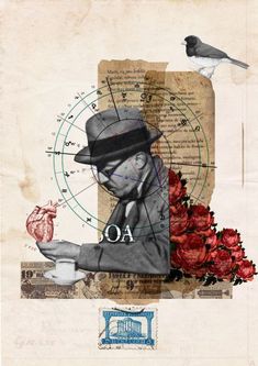 an altered collage of a man holding a coffee cup with roses in front of him