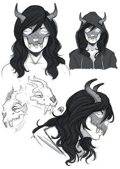 three different angles of the face and head of a woman with horns