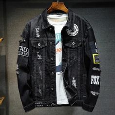 Love shopping again. Men Jacket Streetwear Punk Motorcycle Ripped Print Cowboy Coats Casual Hole Loose Jeans Outwear #fashionjackets #jacketshop #mensjackets #jacketseason #jacketswag #jacketsale #menjackets #jackets #jacketstyle Punk Motorcycle, Casual Punk, Oversized Jean Jacket, Oversized Jeans, Distressed Jacket, Casual Outerwear, Oversized Denim Jacket, Jeans Jacket, Denim Trends