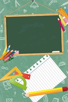 an image of school supplies with chalkboard and pencils on green background illustration in flat design style