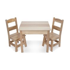 a wooden table and two chairs sitting next to each other in front of a white background