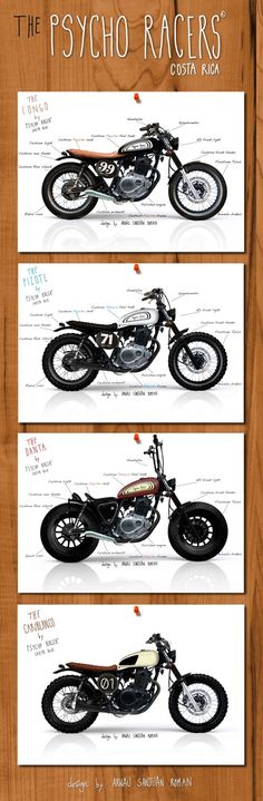 three different views of the motorcycle on display