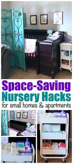 the cover of space saving nursery hacks for small homes and apartments with pictures of baby's crib