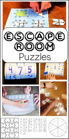 The pin shows pictures of printable puzzle pages, and printed puzzles being put together by children. Free Printable Escape Room, Mystery Escape Room, Printable Escape Room, Free Printable Puzzles