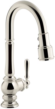 a kitchen faucet with chrome finish and black handles