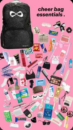 the back pack is full of items that include makeup, eyeliners and lipstick