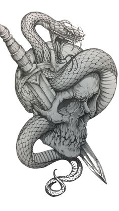 a black and white drawing of a snake on top of a human head with a knife in it's mouth