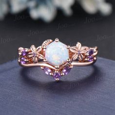 1ct Nature Inspired Hexagon Opal Engagement Ring Set Rose Flower Amethyst Wedding Ring Floral Leaf Opal Ring October Birthstone Jewelry Gift Main Ring : 6*6mm hexagon cut Lab white opal. Side stone : amethyst Matching Band: amethyst Material Metal: 925 sterling silver, Solid 14k/18k gold, platinum PLEASE choose silver or platinum if you are allergic to nickel. This jewelry is made to order, it can be made with any gemstone/metals. 2-3 weeks to finish. Default Shipping method is usps. 30 days non Rose Gold Flower Ring With Gemstone For Wedding, Wedding Opal Ring With Gemstone Accents, White Amethyst Ring For Anniversary, Multi-stone Flower Wedding Ring, Wedding Flower Ring With Multi-stone, Flower Shaped Wedding Ring With Accent Stones, Wedding Multi-stone Flower Ring, Purple Opal Ring For Wedding, Fine Jewelry Opal Ring With Gemstone Accents For Wedding