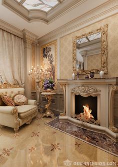 a living room with a fire place in the center and a mirror on the wall