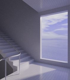 an empty room with stairs leading up to a window overlooking the ocean on a sunny day