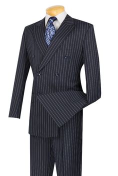 Rockefeller Collection - Double Breasted Banker Stripe Dark Blue Classic Fit Fitted Pinstripe Elegant Set, Spring Fitted Double-breasted Suits, Fitted Double Breasted Blue Suit For Spring, Blue Fitted Double Breasted Suit For Spring, Double-breasted Pinstripe Fitted Blazer, Fitted Pinstripe Double-breasted Blazer, Fitted Double-breasted Sets For Spring, Fitted Pinstripe Double Breasted Suit, Fitted Striped Double Breasted Suit With Suit Collar