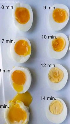 hard boiled eggs on a white tray with the measurements for each egg and how to make them