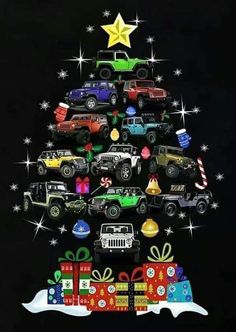 a christmas tree with jeeps and presents on it in front of a black background