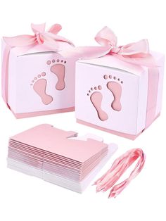 pink baby shower gift boxes with footprints and ribbons on them, set of 12 pieces