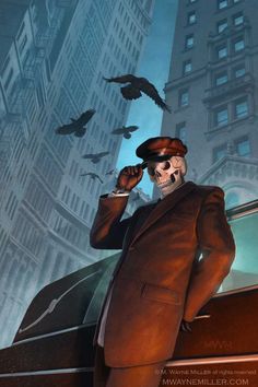 a man in a suit and top hat standing next to a car with birds flying around