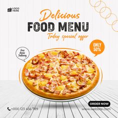 an advertisement for a food menu with a pizza on it