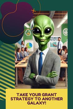 an alien in a suit and tie standing with his arms crossed