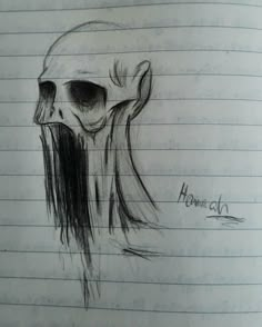 a pencil drawing of a skull with long hair