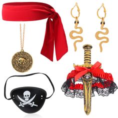 PRICES MAY VARY. Pirate Costume Accessories Set --- 1* pirate headband wrap + 1* pirate one-eye patch + 2* gold snake earrings + 1* pirate skull coin Necklace + 1* pirate plastic dagger with lace thigh wraps, total 6 Pieces Pirate Costume Set. Pirate Headband Wrap --- the headband is made of polyester, soft, breathable and comfortable to wear for a long time. The length is about 105cm(41.34inches), one size fits for most. Pirate Plastic Dagger --- made of high quality plastic, with lace thigh wr Fantasy Gold Jewelry For Costume Party, Gold Costume Accessories For Halloween Cosplay, Adjustable Gold Costume Accessories For Cosplay, Gothic Gold Costume Accessories For Costume Party, Gold Gothic Costume Accessories For Costume Party, Adjustable Gold Costume Accessories, Adjustable Pirate Costume Accessories For Costume Party, Pirate Costume Accessories For Costume Party, Pirate Costume Accessories For Halloween