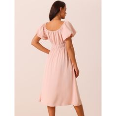 This dress will flatter any body shape, making it a timeless addition to any wardrobe. Easily pair it with your sandals, heels, and summer accessories. Sweet as well elegant. This casual flowy dress will be the ideal choice for all the seasons. Great for casual, work, beach, date, party, honeymoon, holiday, family gatherings and photoshoots, etc. This casual dress will flatter any body shape, making it a timeless addition to any wardrobe. Elegant V-neck Puff Sleeve Beach Dress, Chic Knee-length Puff Sleeve Dress For Day Out, Summer Flowy Puff Sleeve Dress With Gathered Neckline, Solid Color Feminine Dress For Vacation, Feminine Solid Color Dresses For Vacation, Summer Puff Sleeve Dress With Square Neck, Elegant Summer Midi Dress With Gathered Neckline, Chic Spring Puff Sleeve Dress For Garden Party, Chic Puff Sleeve Dress For Spring Garden Party