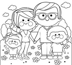 an adult and child holding hands while standing in the grass with their mother and father