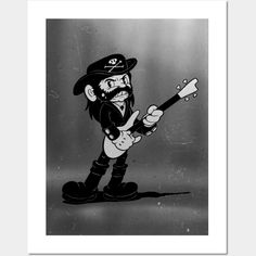 a black and white drawing of a pirate with a guitar