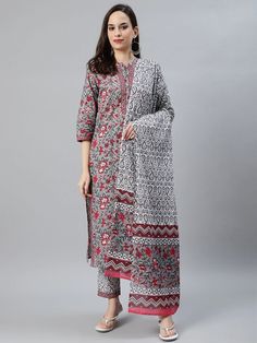 Gray and pink printed kurta with Pants and dupatta Kurta : Gray, pink and off-white floral print straight calf length kurta, has a mandarin collar, three-quarter sleeves, side slits Pant : Off-white and gray printed trousers, has elasticated waistband, drawstring closure Dupatta : Off-white and grey printed dupatta, has solid border Size - 36- 38-40-42-44 Quality: 100 % Guaranteed Stitched: Yes Full Stitched Sleeve length: 3/4 sleeve Pockets: No Leg/hem length: Mid-calf Neckline: Boat Kurta style: Straight Fabric technique:  Embroidered Wash Care: Dry Clean. Shipping - We use globally known Logistics for best services like Fed-Ex, DHL, India Post. It usually takes around 7 - 15 day to deliver in Standard Delivery OR 3 - 7 Day in Express. Return - We gladly accept return in light of Etsy Gu Indian Dresses For Women, Traditional Suit, Kurti Pant, Kurta Style, Salwar Dress, Dress Salwar Kameez, Indian Kurta, Kurta Dress, Kurtis With Pants