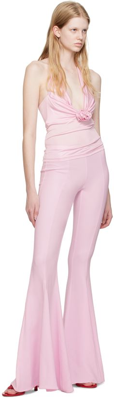 Flared plain-woven stretch viscose trousers. Zip closure at outseam. Supplier color: Chalk pink Pink Elastane Pants, Pink Elastane Pants For Work, Pink Elastane Pants For Workwear, Pink Straight Elastane Pants, Fitted Pink Elastane Leggings, Fitted High-waisted Pink Leggings, Rave Babe, Chain Bra, Bootcut Pants