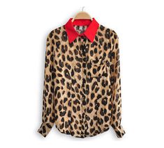 *free ship* Color block leopard red collar blouse Trendy Red Long Sleeve Blouse, Red Long Sleeve Office Top, Red Long Sleeve Top For Office, Trendy Red Winter Blouse, Red Fall Office Tops, Red Fall Office Top, Red Office Tops For Fall, Red Shirt For Workwear In Fall, Trendy Red Office Blouse