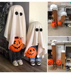 there are two pictures of children dressed up as ghost and pumpkins, one is holding a trick bag