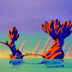 an artistic painting of some strange plants in the water