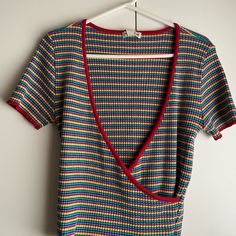 Urbanoutfitters Rainbow Knitted Croptop*Neverworn* Size : L Never Worn Knitted ** Closet Clean Out ** Discounting On Bundles Retro Knitted V-neck Tops, Knit V-neck Crop Top For Day Out, Striped Cropped Knit Top, Trendy Multicolor Short Sleeve Knit Top, Multicolor Knit V-neck Top, Casual Striped Pointelle Knit Tops, Retro Fitted Textured Knit Tops, Trendy Multicolor Textured Knit Tops, Multicolor Knit Sweater With Short Sleeves