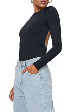 A bold back cutout lends edgy style to your look in this long-sleeve bodysuit made from a soft and stretchy fabric. Boat neck   Long sleeves   86% recycled nylon, 14% elastane   Machine wash, dry flat   Imported Fall Bodysuit With Thumbholes And Minimal Stretch, Chic Long Sleeve Bodysuit With Minimal Stretch, Fall Nylon Stretch Bodysuit, Chic Long Sleeve Elastane Bodysuit, Spring Long Sleeve Bodysuit With Thumbholes, Night Out Bodysuit With Thumbholes In Elastane, Sleek Long Sleeve Bodysuit For Night Out, Night Out Elastane Bodysuit With Thumbholes, Chic Long Sleeve Bodysuit With Thumbholes