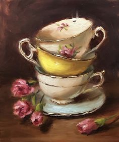 a painting of three tea cups with pink flowers