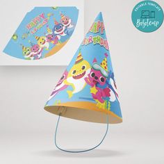 a blue birthday hat with cartoon characters on it and a happy birthday sign in the background