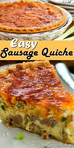 an easy sausage quiche is shown on a white plate with the title above it