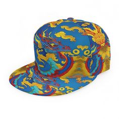 a blue hat with yellow and red dragon designs on the brimmed visor