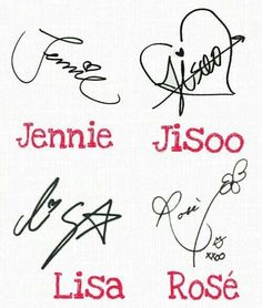 four different autographs are shown in red and black ink on white paper, with the names