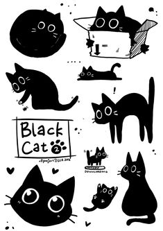 black cats with different expressions and shapes