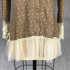 "Vintage Tan Cardigan with Embroidered White Dots and Delicate Victorian Lace Trim \"A'reve\" Brand - Women's Size XL Yarn: 85% Acrylic, 15% Nylon Lace: 70% Cotton, 30% Polyester French Knot Polka Dots Delicate Net Off White Lace at Hem and Cuffs New With Tags" Fitted Long Sleeve Tops With Swiss Dot, Fitted Long Sleeve Top With Swiss Dot Details, Fitted Swiss Dot Tops For Fall, 1950s Wedding Dress, Tan Cardigan, Upcycle Sewing, Repurposed Clothing, Cotton Slip, Victorian Lace