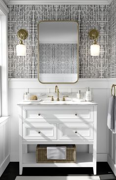 a bathroom with two sinks and a large mirror on the wall next to a window