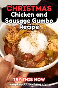 a person holding a bowl of chili chicken and sausage gumbo recipe