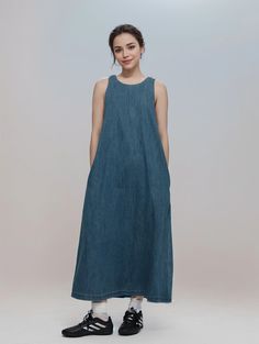 Olivia Mark - Daihe Casual Round Neck Vintage Denim Sleeveless Dress Sleeveless Denim Dress, Types Of Skirts, Olivia Mark, A Line Skirt, Vintage Denim, Types Of Collars, Deep Blue, A Line Skirts, Casual Skirts